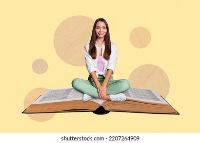 Magazine Poster Collage Of Lady Sitting Big Book Exam High School Materials Learning Isolated On Pastel Color Background