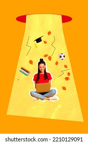 Magazine Poster Collage Of Small Lady High School Student Levitate Using Netbook Study On Bright Painted Background