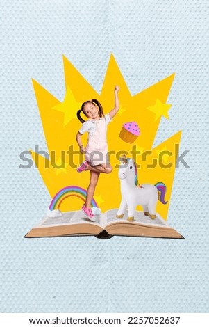 Magazine poster collage of sweet happy kid girl stand on open book enjoy magic fairytale world with unicorn rainbow cookie