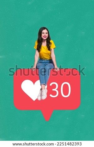Magazine poster surreal digital collage of happy woman sit big red like popular    blogger concept