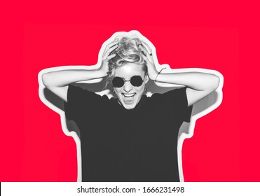Magazine style collage with colorful emotional hippie blonde. Crazy girl in a black T-shirt and rock sunglasses screaming, holding her head. Rocky girl bright red background.