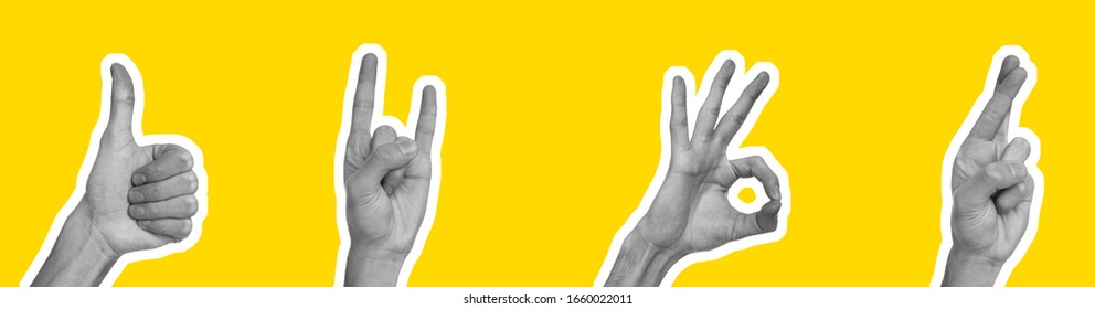 Magazine Style Collage With Hands Showing Different Gestures On Yellow Background