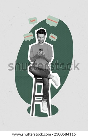 Magazine template collage of millennial guy using smart gadget reading fake news leis in social media viber chat