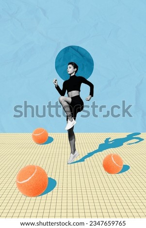 Magazine template collage of sporty lady doing cardio exercise warm up before tennis game match