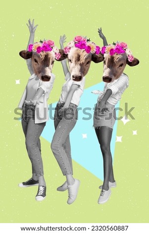 Magazine template creative collage of funky weird people girlfriends with cow face enjoy dancing countryside trip party