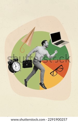 Magazine template picture collage of businessman guy run fast to company office doing several tasks effective growth progress