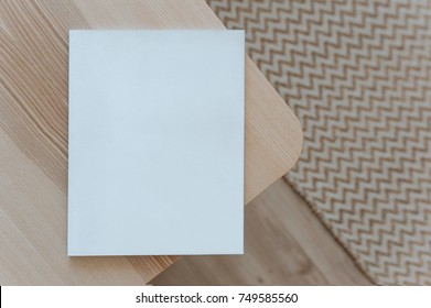 Magazine White Cover Page With Empty Place Text On A Wood Table In Scandinavian Colors And Textures Home Interior Decorated.