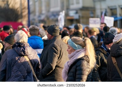   Magdeburg, Germany – January 08, 2022: Demonstration of Corona deniers and vaccination opponents in the city center of Magdeburg                             