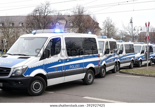 MAGDEBURG, GERMANY - MARCH 05, 2016: roadblock\
by the police after a football match of 1.FC Magdeburg against FC\
Hansa Rostock in\
Magdeburg