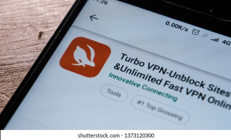 Magelang, Central Java, Indonesia, April 16, 2019. Turbo VPN App In Play Store. Close Up On The Android Smartphones Screen. - Image