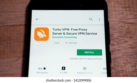 Magelang, Central Java, Indonesia, May 31, 2019. Turbo VPN App In Play Store. Close Up On The Android Smartphones Screen. - Image