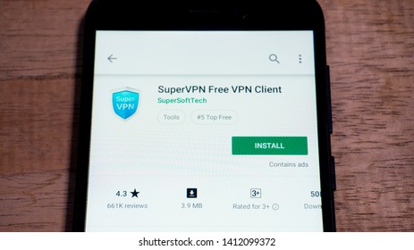 Magelang, Central Java, Indonesia, May 31, 2019. Super VPN Free VPN Client App In Play Store. Close Up On The Android Smartphones Screen. - Image