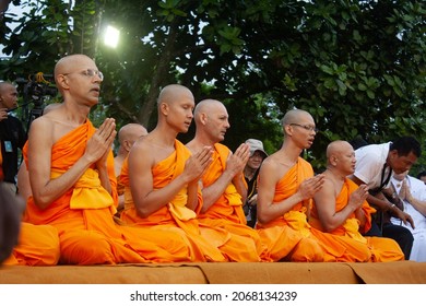 Magelang, Indonesia - 05-28-2010: Buddhist Monks pray in front of Borobudur Temple during Vesak Day celebrations