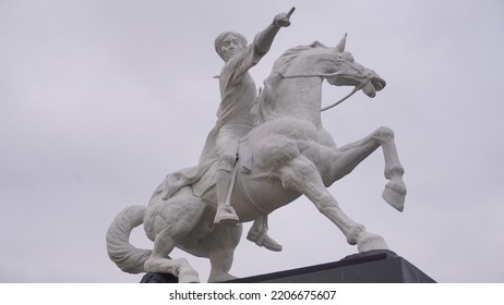 Magelang, Indonesia - September 17th 2022 : Diponegoro Statue Ride The Horse Build On The Park With Cloudy Sky. Building Icon On The Magelang Town Square
