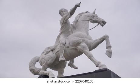 Magelang, Indonesia - September 17th 2022 : Diponegoro Statue Ride The Horse Build On The Park With Cloudy Sky. Building Icon On The Magelang Town Square
