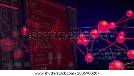 Magenta node network rotating right while red terminals sliding in from left, revealing C++ code. Neural, graph, visualization, futuristic, neon, digital, abstract
