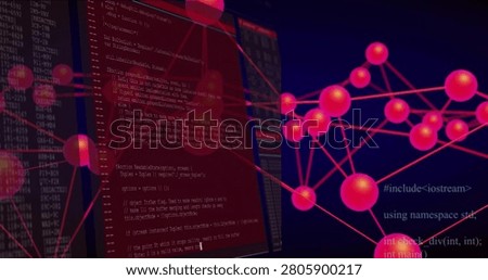 Magenta node network rotating right while red terminals sliding in from left, revealing C++ code. Neural, graph, visualization, futuristic, neon, digital, abstract