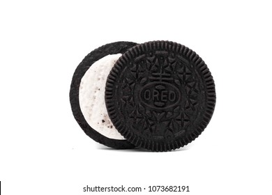 MAGETAN,  INDONESIA – April 18,  2018: Oreo Cookies isolated on white background. Consisting of two chocolate wafers with a sweet cream filling in between. Oreo made by Mondelez International.