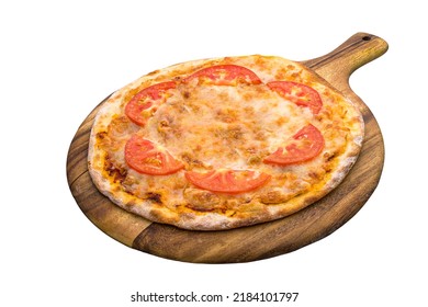 Magherrita Pizza Isolated On Wooden Cutting Board On Plain White Background Side View Of Fastfood