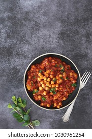 Maghmour, Delicious Lebanese Vegan Moussaka With Aubergines And Chickpeas. Top View, Blank Space, Rustic Background