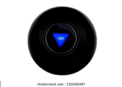 Magic 8 ball with prediction GO isolated on white background