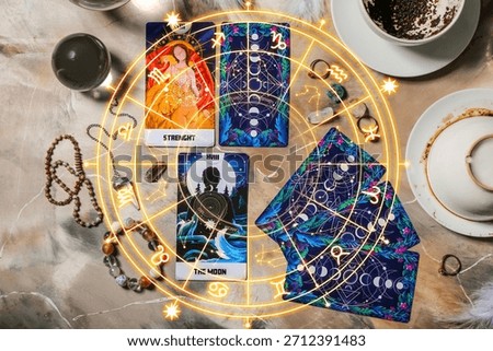 Magic attributes of soothsayer on table, top view