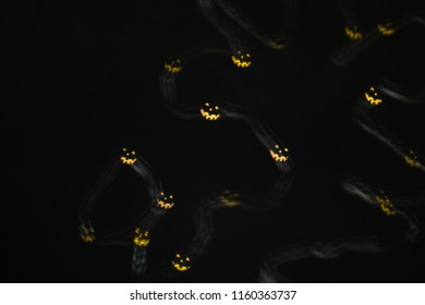 Magic background with colorful bokeh in shape of flying ghost  on black backdrop. Card for halloween product