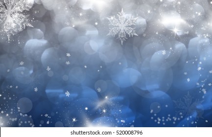 Magic Blue Holiday Abstract Glitter Background With Blinking Stars And Falling Snowflakes. Blurred Bokeh Of Christmas Lights.