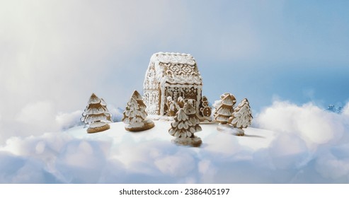 Magic Christmas gingerbread house with trees on white sweet background with clouds around - Powered by Shutterstock