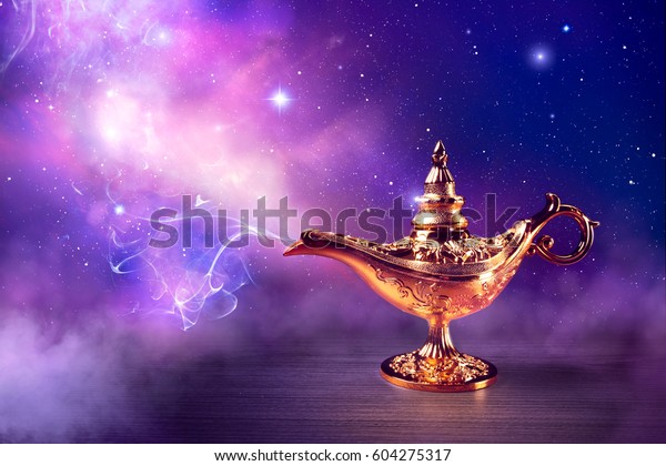 Magic genie\
lamp with smoke on a dark\
background