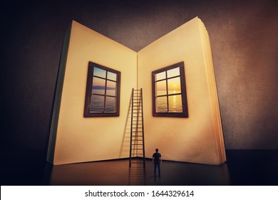 The magic, giant open book with two windows leading to another mystic world. Tiny man look at the textbook blank sheets ready to write his own story on the empty pages. Education and wisdom concept.