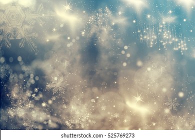 Magic holiday abstract glitter background with blinking stars and falling snowflakes. Blurred bokeh of Christmas lights.