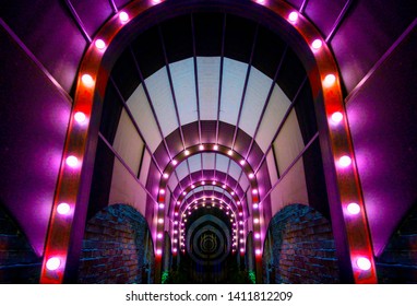 Magic Hour Bar, Colourful Lights And Design Interior Of The Alleyway Entrance To Moxy Times Square’s Rooftop, The Hotel Rooftop Bar In New York Manhattan, USA On 19 May 2019