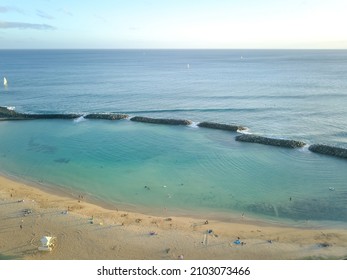 Magic Island Beach Park, Ala Moana Honolulu Hawaii Sandy Beach With Sea Wall Wave Breakers