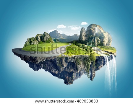 Magic island with floating islands, water fall and field