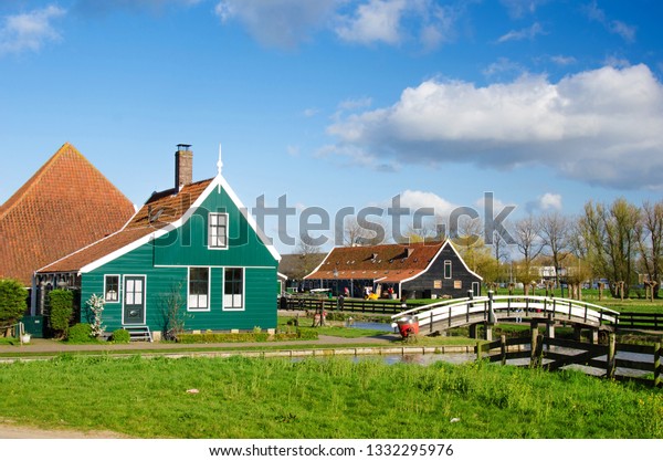 Magic Landscape Bridge Across River Traditional Buildings