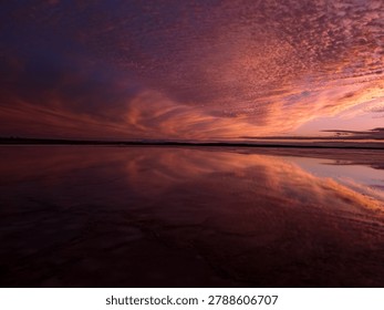 Magic Mirror: Dramatic Reflection of Pink and Purple Sunset on a Vast Salt Flat.
A captivating ultra-wide landscape photograph of a vast and remote salt flat during a spectacular sunset at twilight. The perspective is incredibly low to the ground, emphasizing the intricate, encrusted surface of wet salt that acts like a crystal-clear, perfect mirror.