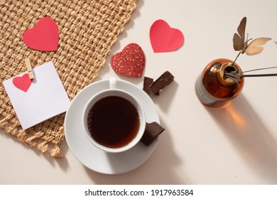 Magic Mood Atmosphere Of Love Picture For Post In Instagram. Take Break, Rest With Tea And Chocolate. With Love And Care And Red Hearts Around. Business Idea Of Psychology And Aroma.
