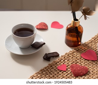 Magic Mood Atmosphere Of Love Picture For Post In Instagram. Take Break, Rest With Tea And Chocolate. With Love And Care And Red Hearts Around. Business Idea Of Psychology And Aroma.
