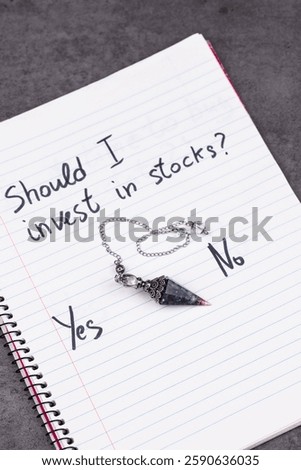Magic Pendulum swinging between Yes and No over the question Should I invest in stocks? Concept of irrational business decisions, mysticism, humorous critique of modern financial planning.