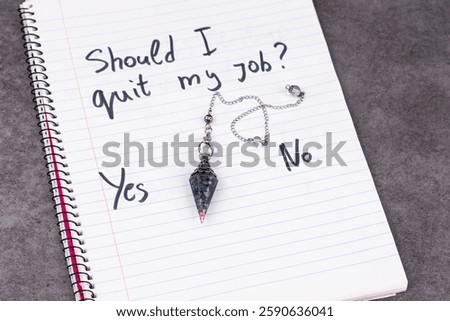 Magic Pendulum swinging between Yes and No over the question Should I quit my Job? Concept of irrational business decisions, mysticism, humorous critique of modern financial planning.