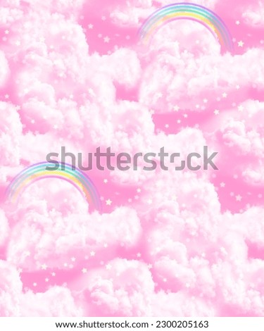 Magic pink clouds with glowing stars and rainbows. Fantastic illustration, seamless pattern. Perfect for children room wallpapers