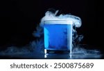 Magic potion. Elixir drink. Mystery blue liquid. Magical poison drink. Glass vial with toxic smoke. Wizard alchemy lab. Poisonous steam. Fantasy potion isolated on black background with copy space