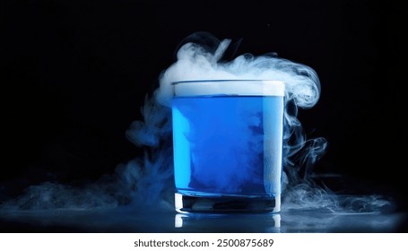 Magic potion. Elixir drink. Mystery blue liquid. Magical poison drink. Glass vial with toxic smoke. Wizard alchemy lab. Poisonous steam. Fantasy potion isolated on black background with copy space