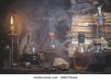 Magic Potions On The Alchemist Table Background.