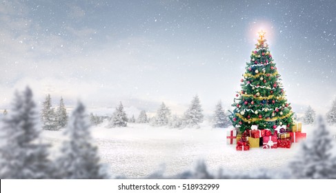 Magic Shiny Christmas Tree In Snow Outdoor