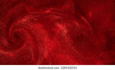 Magic sparkling glitter in red background. Golden dust particles create curve patterns with depth of field on red background. Golden Particles in red fluid absatrct backdrop.