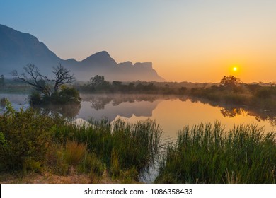 Magic Sunrise Landscape With Hanglip Or Hanging Lip Mountain Peak, Entabeni Safari Game Reserve, Waterberg, Limpopo Province, South Africa.