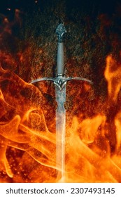 Magic sword on fire background