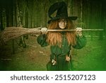 Magic tales. Halloween. Funny forest witch sorceress with red hair, dressed in a black dress and a big hat, stands with her broom in the forest. Fantasy.